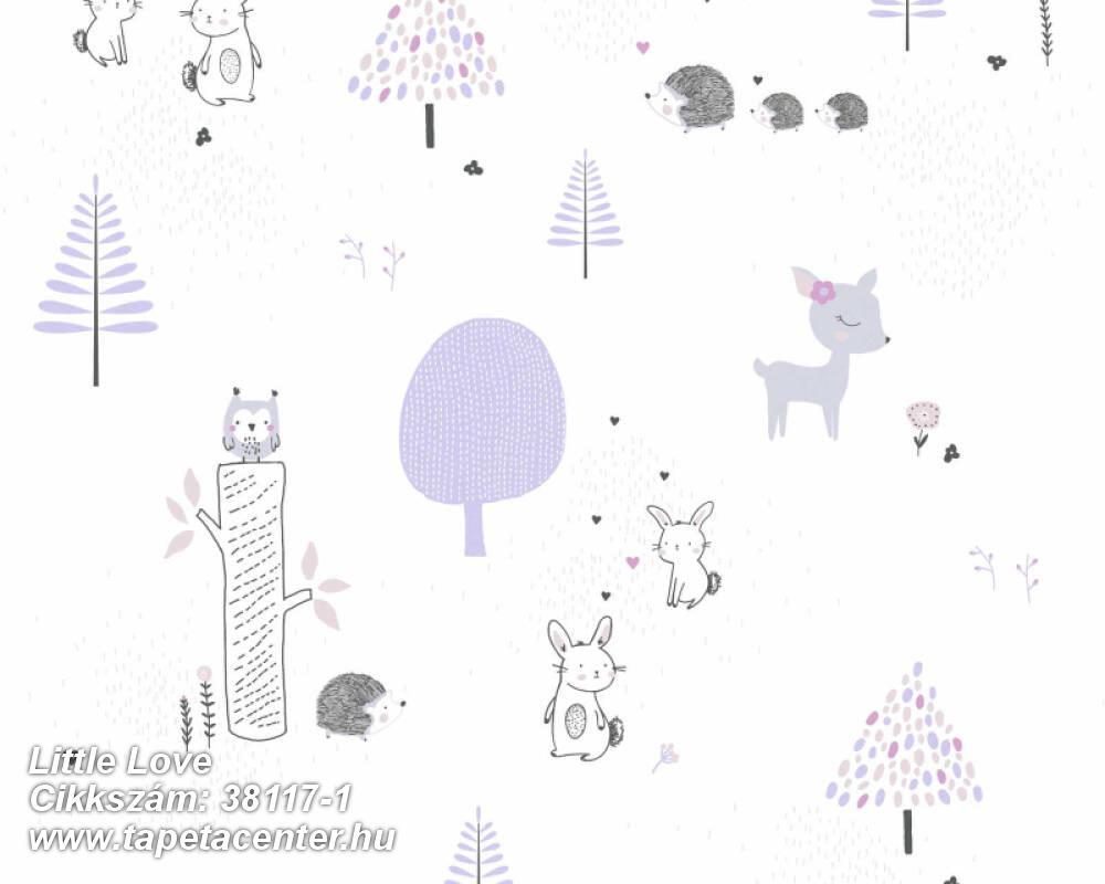 állatok,gyerek,természeti mintás,fehér,lila,pink-rózsaszín,gyengén mosható,vlies tapéta 